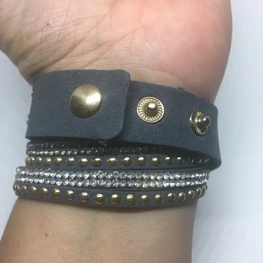 Mix Stud Slit Layer Wrap Bracelet - Charcoal